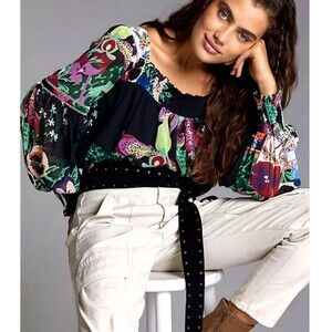 Anthropologie Lil Sire Puff-Sleeved Blouse Top Floral Peasant Large Petite, LP